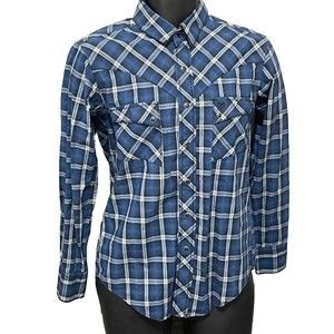 Wrangler Men’s Shirt Sz‎ Small Blue, White, Black Plaid Pearl Snap Western Shirt